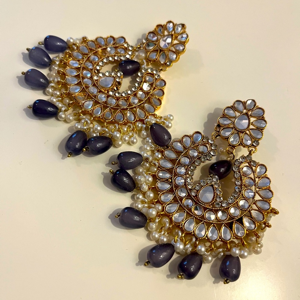 Polki Chandbali earrings gray beads and faux pearls